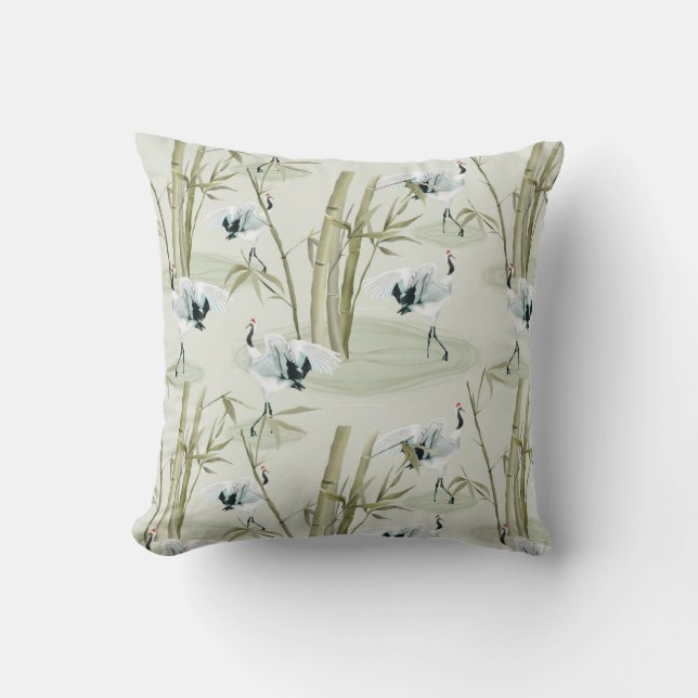Japanese Watercolor Asian Art Bamboo Bird Pattern Cushion (Front)