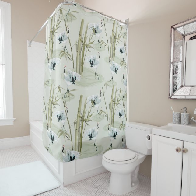 Japanese Watercolor Asian Art Bamboo Bird Pattern Shower Curtain (In Situ)