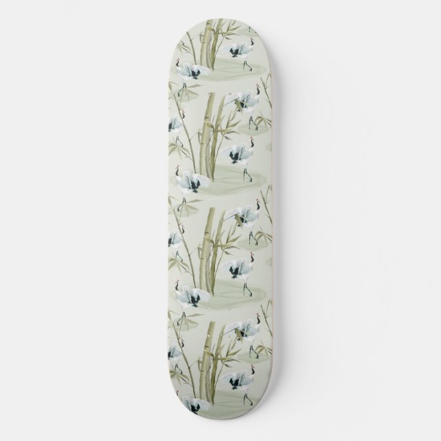 Japanese Watercolor Asian Art Bamboo Bird Pattern Skateboard (Front)