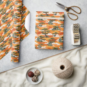 Japanese Watercolor Bonsai Pine Mountain Pattern Wrapping Paper