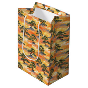 Japanese Watercolor Bonsai Pines in Golden Clouds  Medium Gift Bag