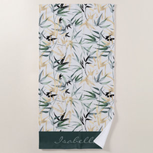 Japanese Watercolor Gold Green Bamboo Pattern Beach Towel