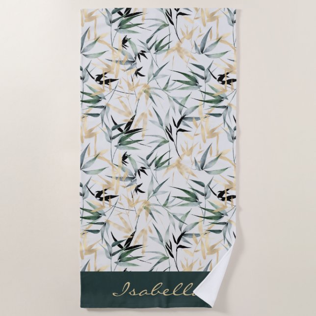 Japanese Watercolor Green Gold Bamboo Pattern  Beach Towel (Front)