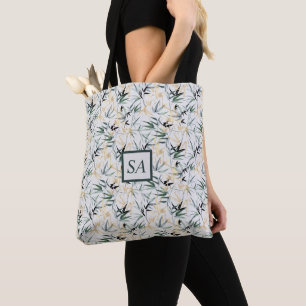 Japanese Watercolor Green Gold Bamboo Pattern Tote Bag