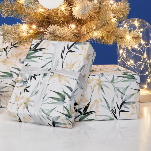 Japanese Watercolor Green Gold Bamboo Pattern Wrapping Paper (Holidays)