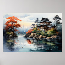 Japanese Watercolor Landscape Autumn Lake