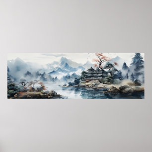 Japanese Watercolor Landscape Mountain Lake Poster