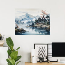 Japanese Watercolor Landscape Mountain Lake