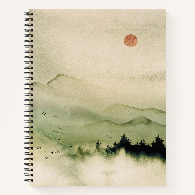 Japanese watercolor landscape red sun birds misty  notebook (Front)