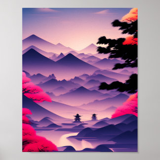 Japanese Watercolor Mountains Poster