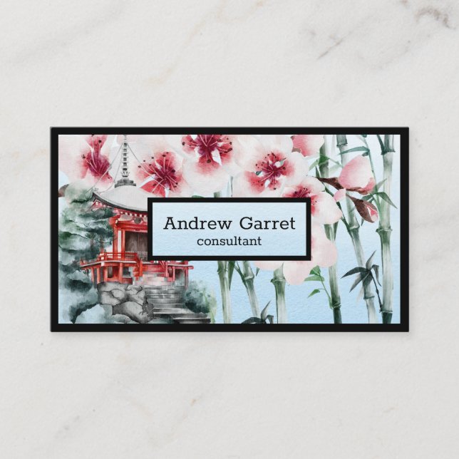 Japanese Watercolor Sakura Blue Business Card (Front)