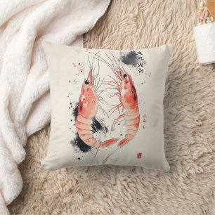 Japanese Watercolor Shrimp Art with Calligraphy Cushion