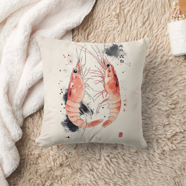 Japanese Watercolor Shrimp Art with Calligraphy Cushion (Blanket)