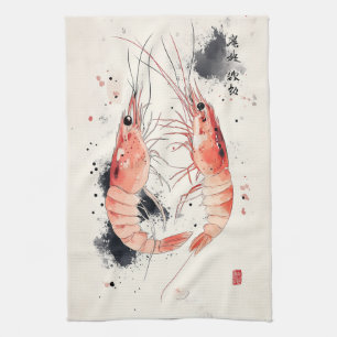 Japanese Watercolor Shrimp Art with Calligraphy Tea Towel