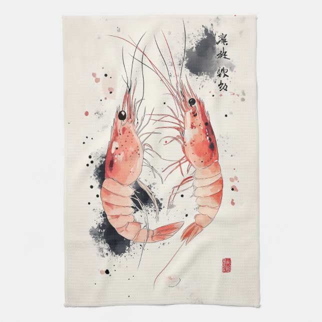 Japanese Watercolor Shrimp Art with Calligraphy Tea Towel (Vertical)