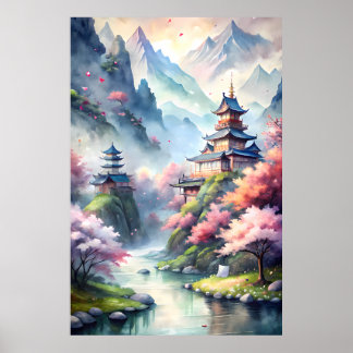 Japanese Watercolor Village | Zen Landscape Print
