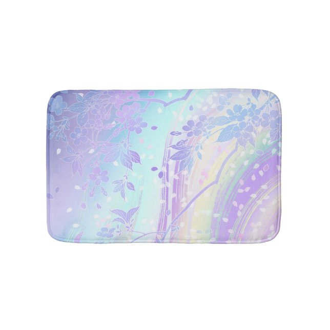 Japanese Waterfall Art Lavender Teal Aqua Floral Bath Mat (Front)