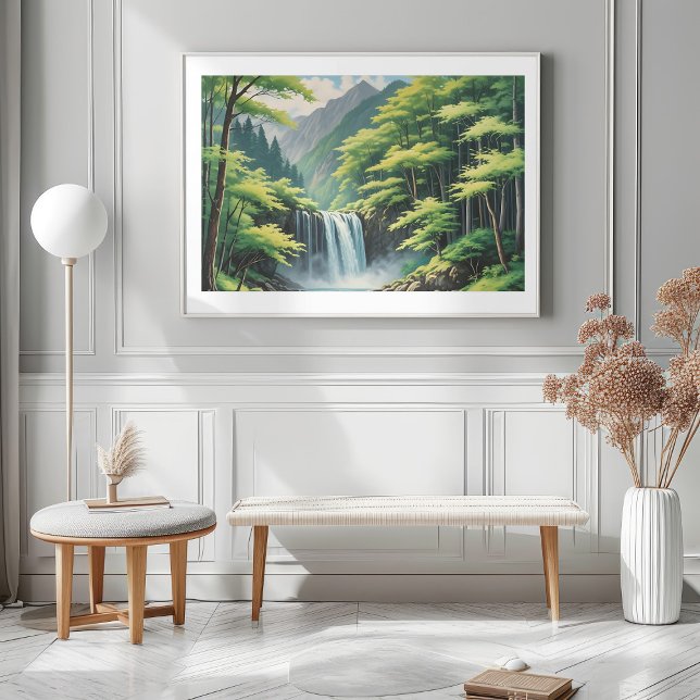 Japanese Waterfall in Nature—Serene Oil Painting  Poster (Japanese Waterfall in Nature—Serene Oil Painting Mockup 1)