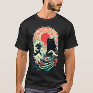 Japanese Wave Art Black Cat Retro Sun Vintage T-Shirt