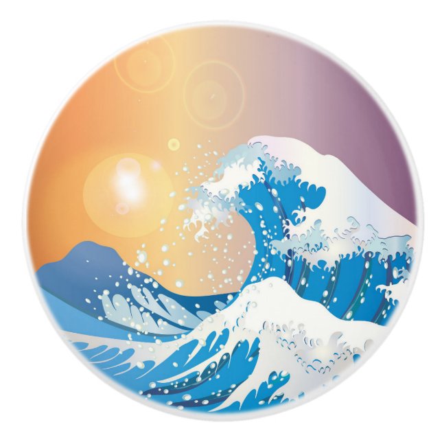 Japanese Wave Art Sunset Ocean Ceramic Knob (Front)