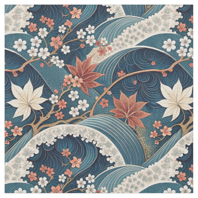Japanese Wave & Cherry Blossom Floral Pattern Art Fabric (Close Up)