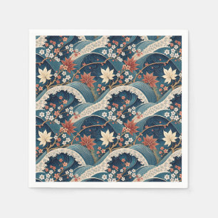 Japanese Wave & Cherry Blossom Floral Pattern Art Napkin