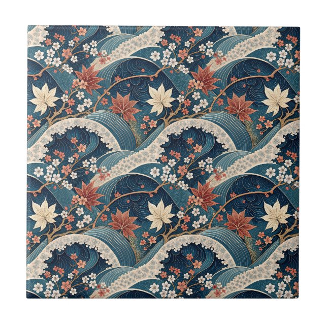 Japanese Wave & Cherry Blossom Floral Pattern Art Tile (Front)