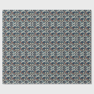 Japanese Wave & Cherry Blossom Floral Pattern Art Wrapping Paper