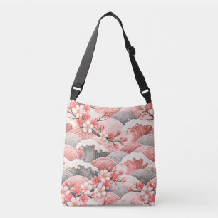 Japanese Wave Cherry Blossom Pattern Pink Coral  Crossbody Bag