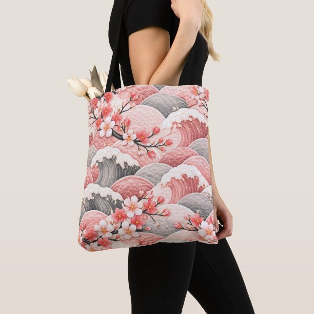 Japanese Wave Cherry Blossom Pattern Pink Coral  Tote Bag (Close Up)