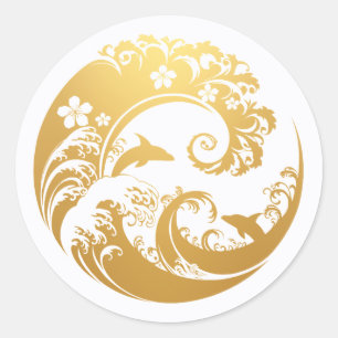 Japanese Wave & Hibiscus Gold  Classic Round Sticker