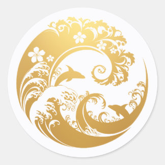 Japanese Wave & Hibiscus Gold Classic Round Sticker