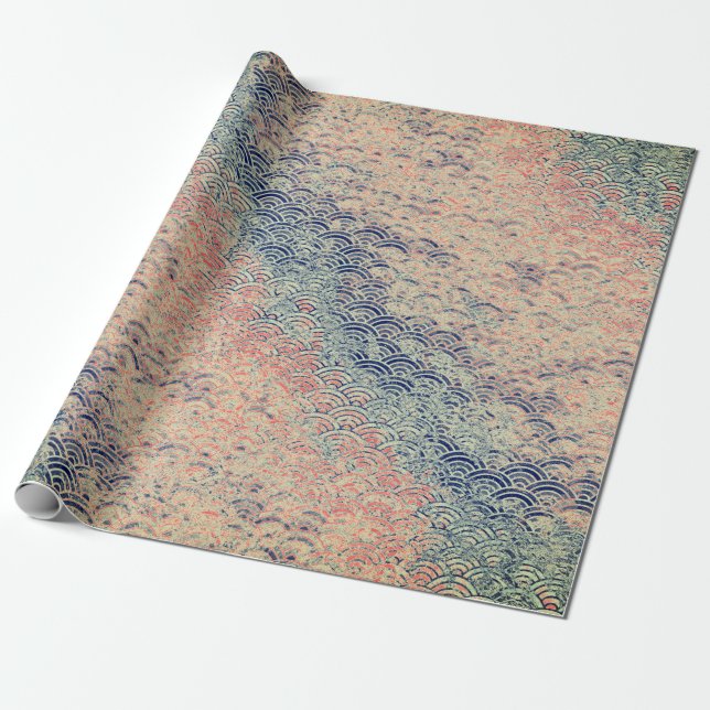JAPANESE WAVE PATTERN BLUES AND PINKS WRAPPING PAPER (Unrolled)