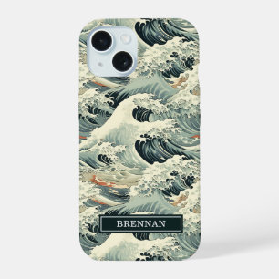 Japanese Wave Pattern Monogrammed iPhone 15 Case