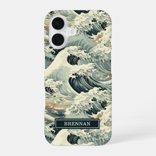 Japanese Wave Pattern Monogrammed iPhone 16 Case