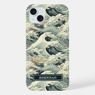 Japanese Wave Pattern Monogrammed iPhone 15 Plus Case