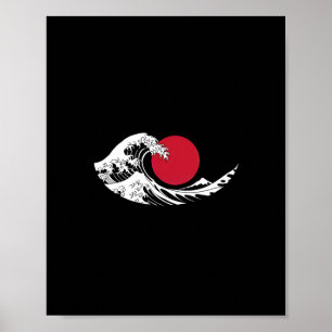 Japanese Wave Restaurant Logo Red Circle Black Poster