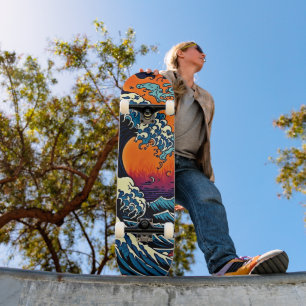 Japanese Wave Retro Sunset Art Skateboard Deck