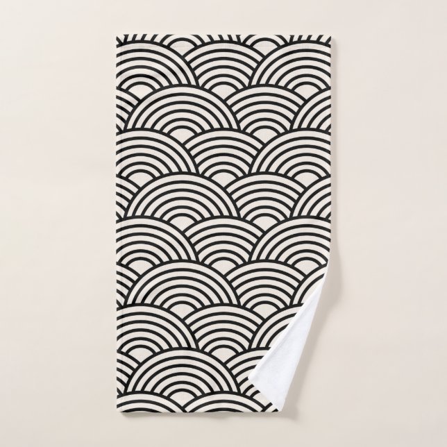 Japanese Wave Seigaiha Black And Cream White Bath Towel Set (Hand Towel)