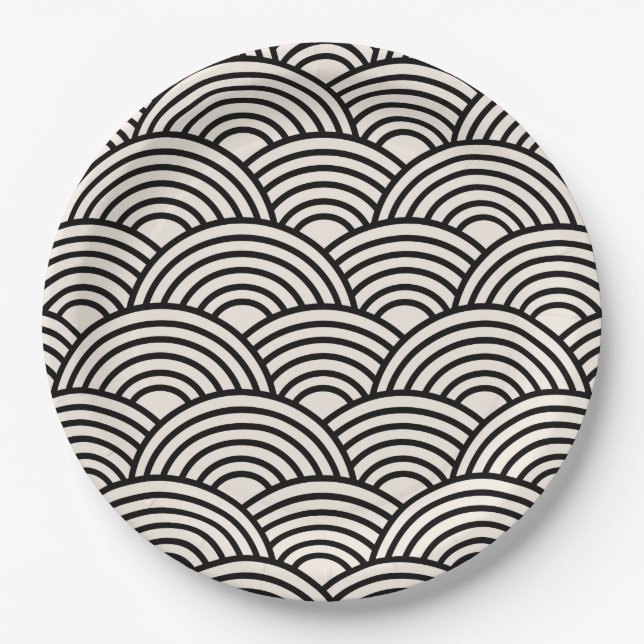 Japanese Wave Seigaiha Black And Cream White Paper Plate (Front)