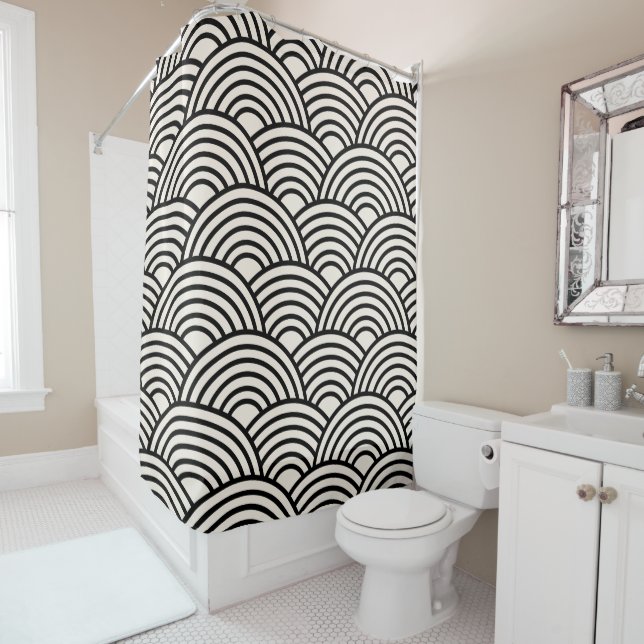Japanese Wave Seigaiha Black And Cream White Shower Curtain (In Situ)
