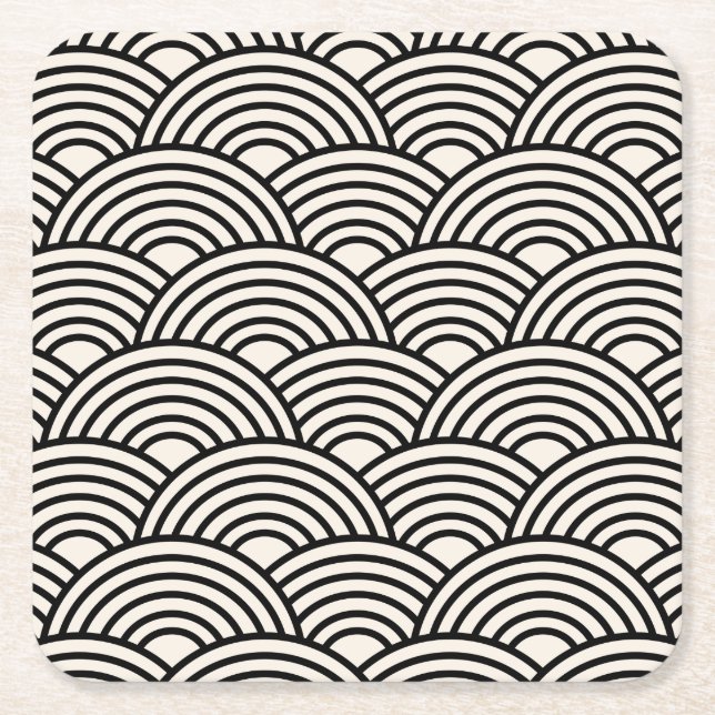 Japanese Wave Seigaiha Black And Cream White Square Paper Coaster (Front)
