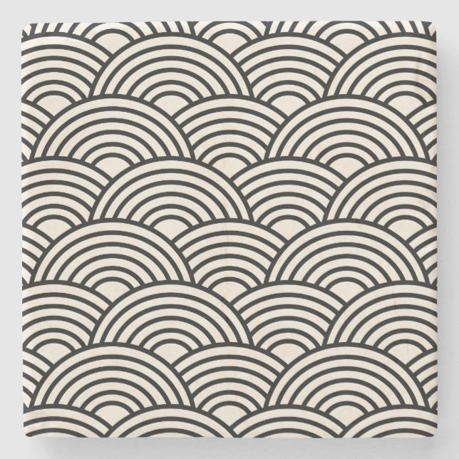 Japanese Wave Seigaiha Black And Cream White Stone Coaster (Front)