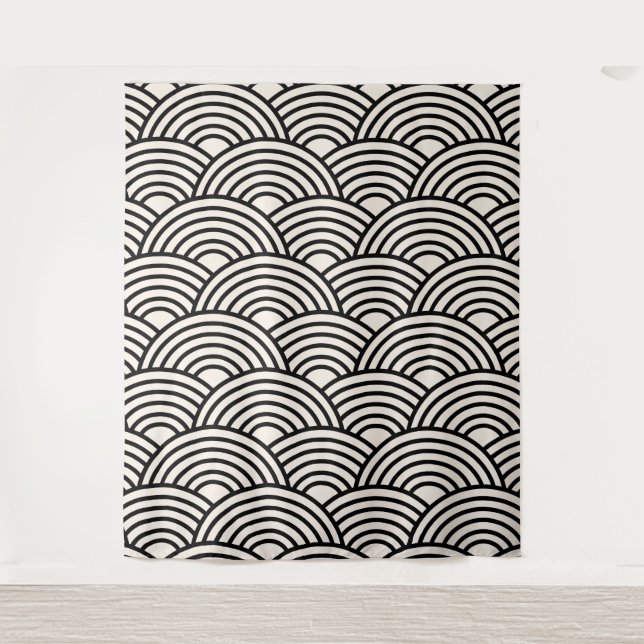 Japanese Wave Seigaiha Black And Cream White Tapestry (Front)