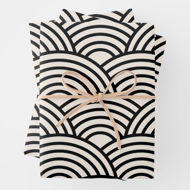Japanese Wave Seigaiha Black And Cream White Wrapping Paper Sheet (In situ)