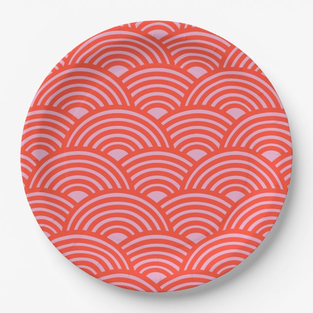 Japanese Wave Seigaiha Pattern Pink Red Paper Plate (Front)