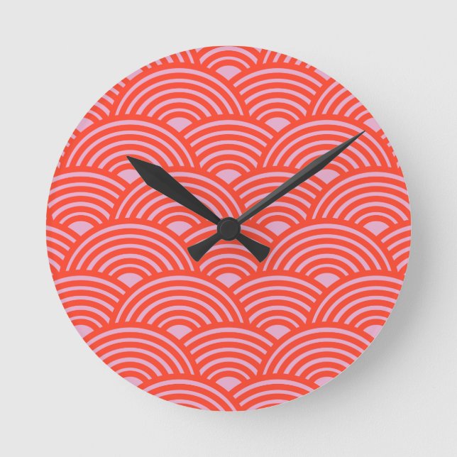Japanese Wave Seigaiha Pattern Pink Red Round Clock (Front)