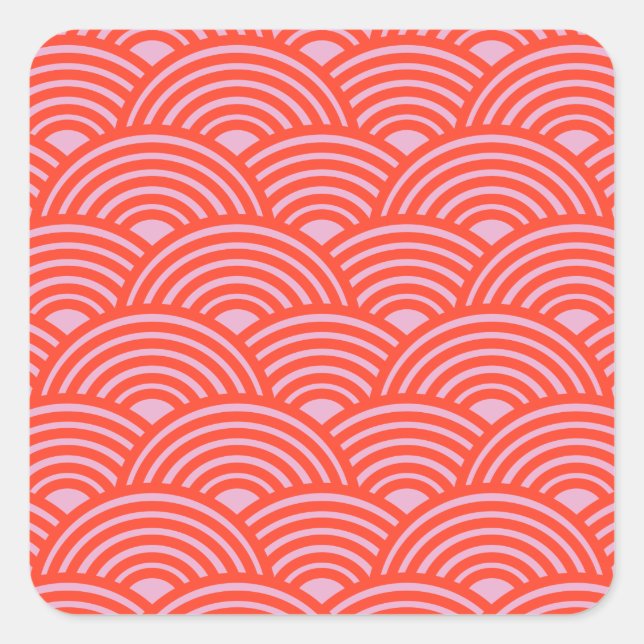 Japanese Wave Seigaiha Pattern Pink Red Square Sticker (Front)