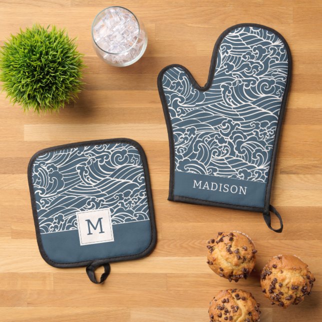 Japanese Wave Style Pattern Oven Mitt & Pot Holder Set (Top Down)