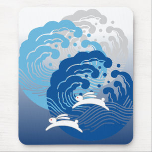 Japanese Wave & White Rabbit Mouse Mat